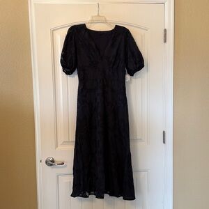 New Chic Sheer Textured Lace Puffed Sleeve Midi Dress Navy Blue
